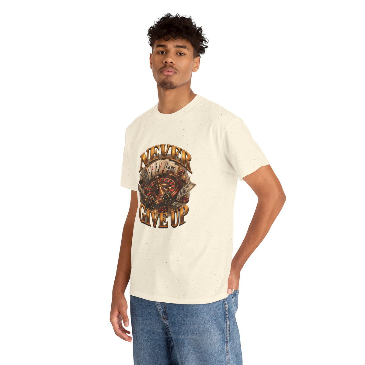 Never Give Up Graphic Tee – Roulette & Cards Motivational T-Shirt